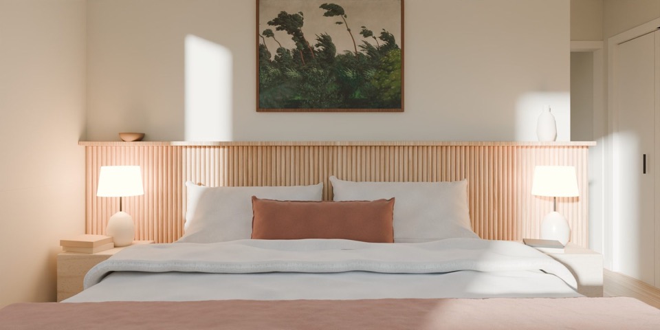 FAMILY 1 primary bedroom with a king-size bed and reeded oak headboard, architectural rendering