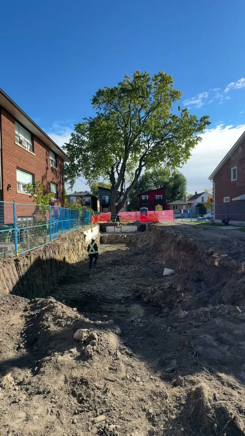 Excavated FAMILY 1 construction site with a mature tree retained at the rear