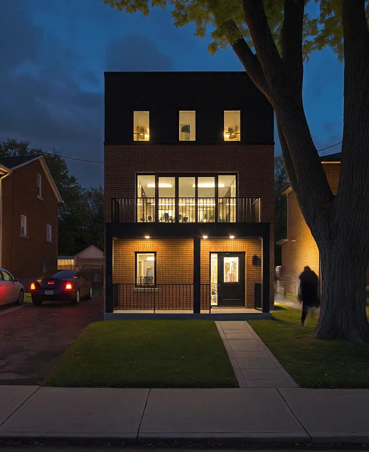 FAMILY 1 multiplex at dusk — five family-sized rental homes in a Toronto neighbourhood by NBRS